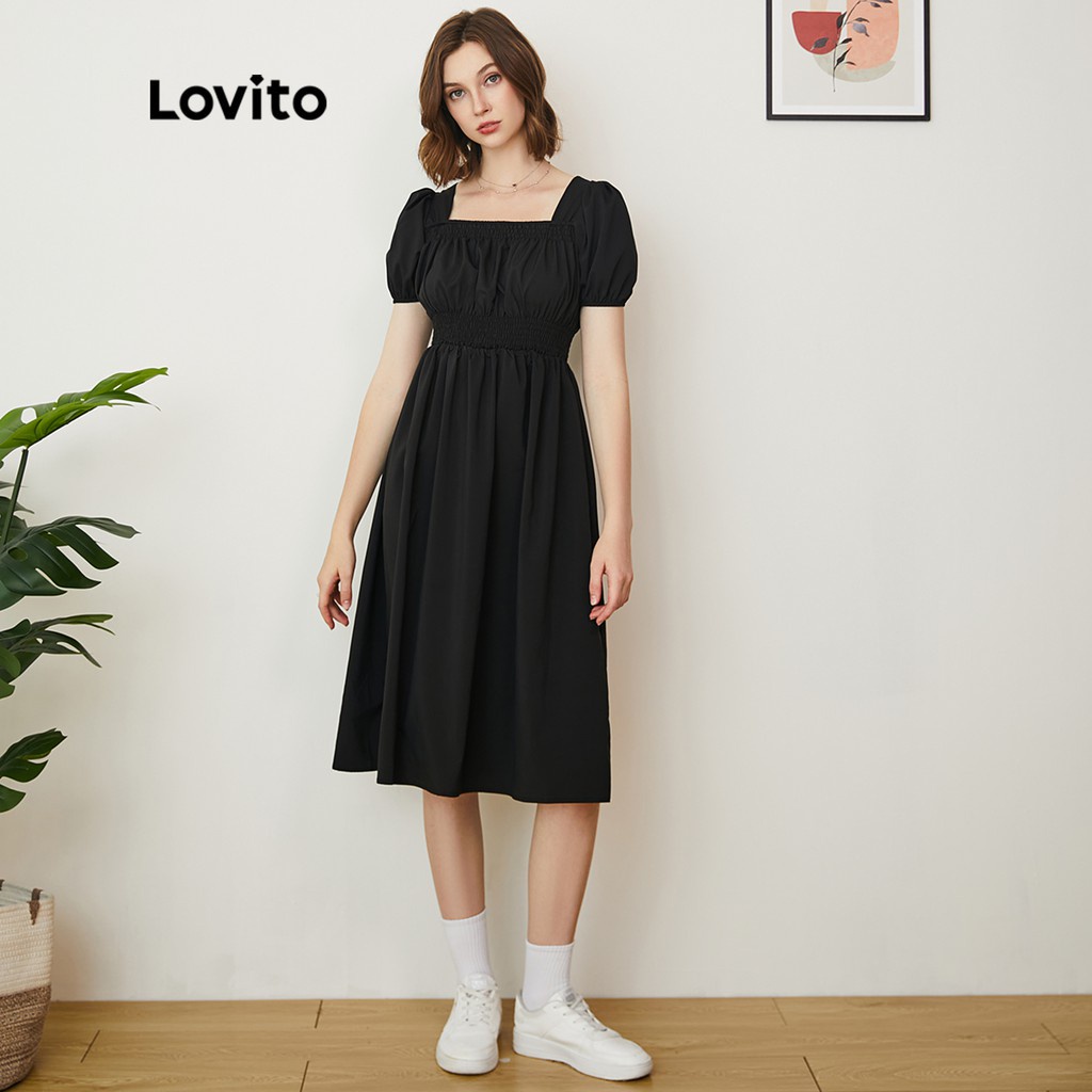 Lovito Vestido Casual Liso Manga Abullonada Cuello Cuadrado Largo