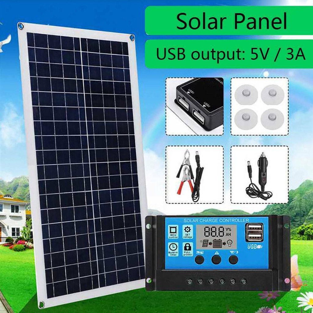 AAADRESSES 30W Kit Panel Solar Sistema Solar Kit De Panel Solar Monocristalino Flexible 60A Cable Controlador USB para Coche/Yate/Barco Luz LED/BateríA 12V/Camping,Negro,10A Controller 