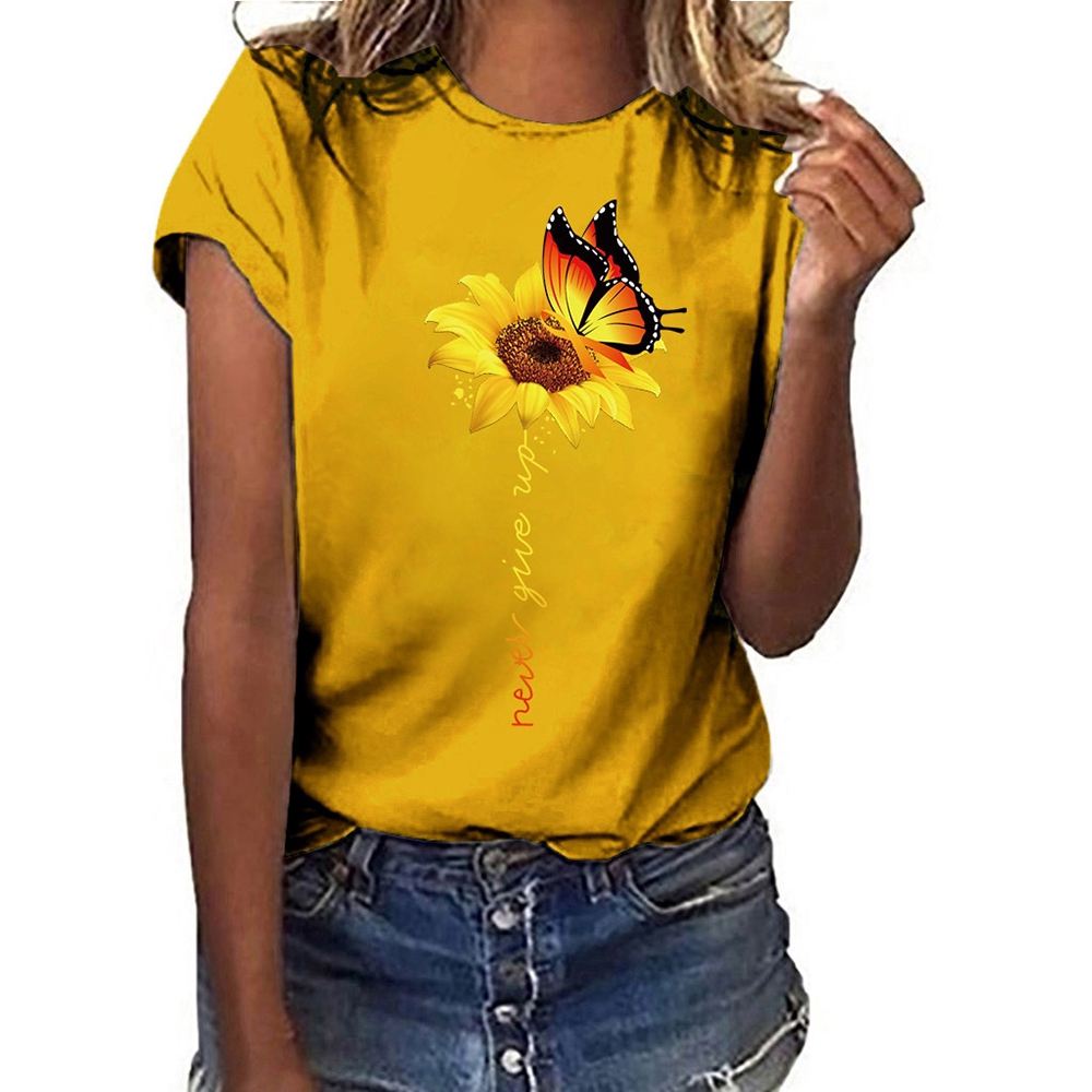 Playera De Poliéster con estampado De girasol De Manga corta De algodón  Casual alrededor del cuello De mujer Top Carta T-Shirt Um | Shopee México