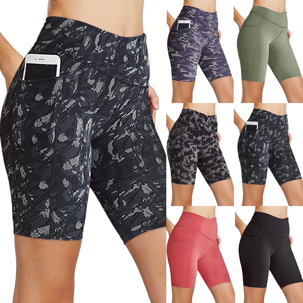 Promover Pantalones Cortos Yoga la Cintura Alta para Mujeres con Bolsillos Laterales para Correr 