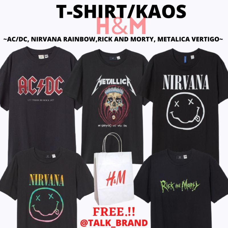 Camiseta H&m metalica camiseta BAND, camiseta AC / DC hnm, hombre / mujer H'M Nirvana rainbow / White, Rick | Shopee México