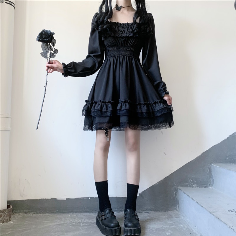 Japonés Lolita Estilo Princesa Mini Vestido Slash Cuello Cintura Alta Gótico Manga Puff Encaje Vestidos De Fiesta | Shopee México