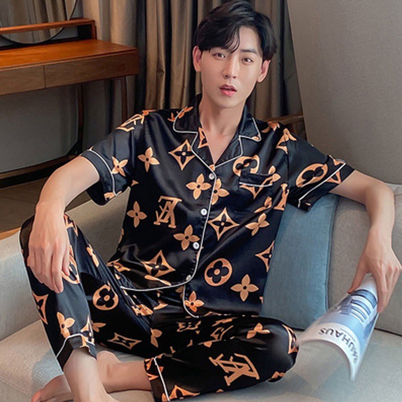 Calidad de los hombres más el tamaño M-5XL de seda satén pijamas conjunto de niños masculino Baju Tidur ropa de hogar de manga corta de dormir pijama ropa de dormir