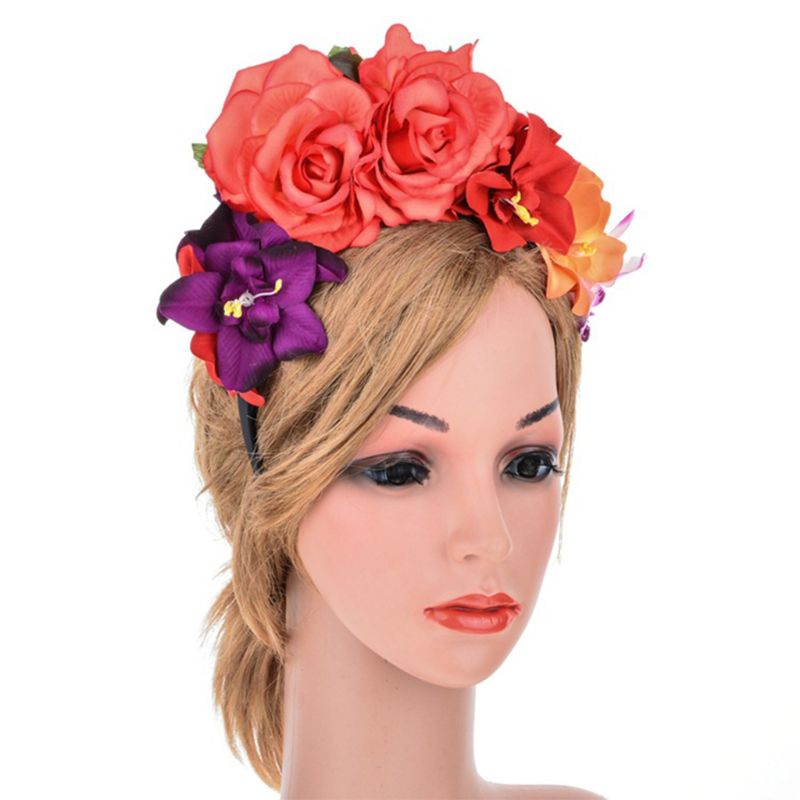 SHURROW Diadema de Corona de Flor Rosa simulada Mexicana para Mujer Día de los Muertos Tocado de Halloween Colorido Estambre Falso Fiesta Aro de Pelo Aro de Pelo 2 