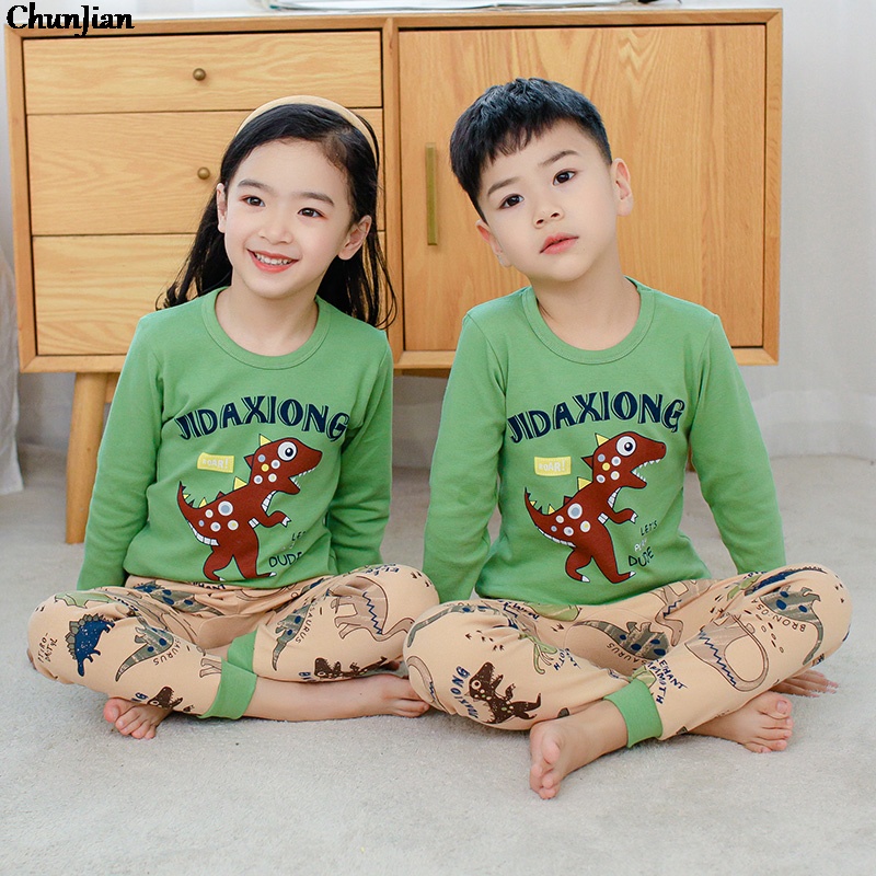Pijama para niños 100% algodón ropa para niños de invierno de manga larga diseño de dinosaurio ropa de dormir de 2 piezas de 1 a 7 años 