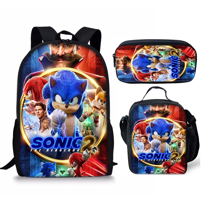 Mochila Sonic Sónica De Nuevo Estilo Sonic2 Student Schoolbag Bolsa De Comida Para Niños Estuche De Tres Piezas