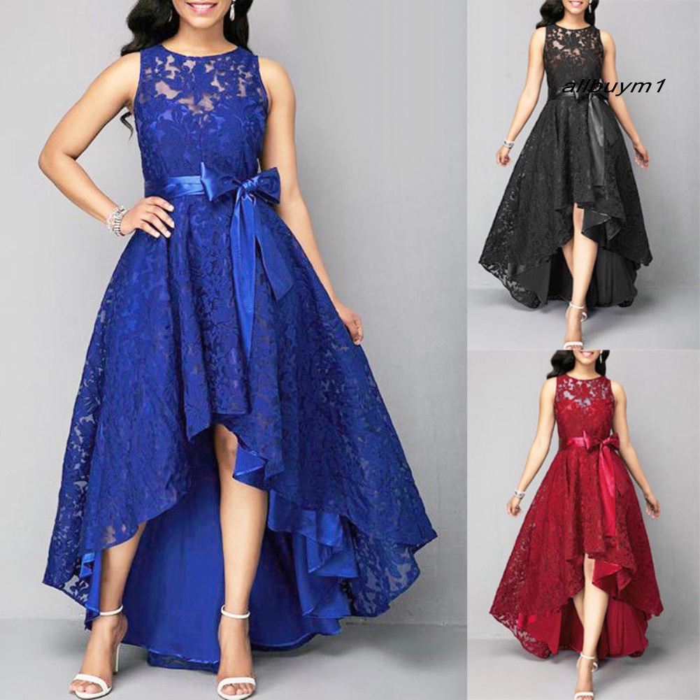 Allbuy) tallas grandes señora fiesta arco satén Color sólido encaje sin  mangas asimétrico vestido largo | Shopee México