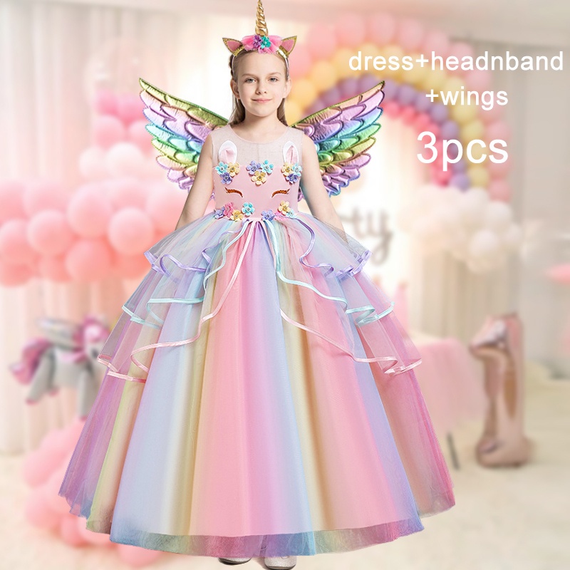 Vestido De Niñas Con Alas De Diadema Unicornio Arco Iris Elegante Flor Boda  Fiesta Vestidos Largos Ropa Para Niños 3-12 Años | Shopee México