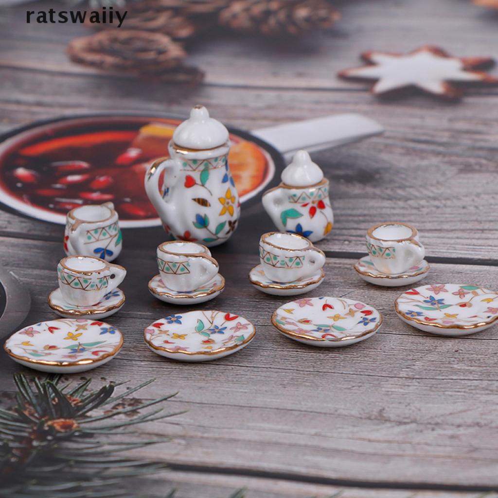 Escala 1:12 de 11 piezas de cerámica rosa y blanco floral muñeca casa miniatura Juego de té P1 