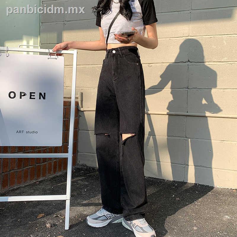 2021 Nueva primavera / Pantalones vaqueros rasgados de cintura alta de estilo coreano para mujer Rectos, sueltos, finos y anchos Pantalones de trapeador de piernas | Shopee México