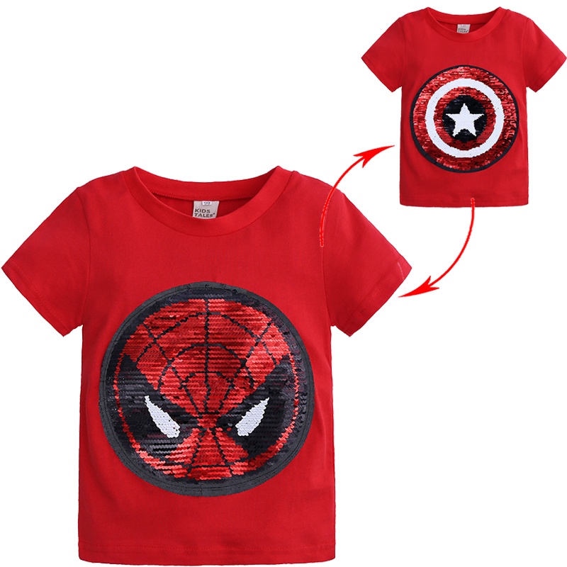 Vengadores Spiderman Capitán América Reversible Lentejuelas Niños Camiseta  Verano Algodón Manga Corta Tops 1-8 Años De Edad Ropa De | Shopee México