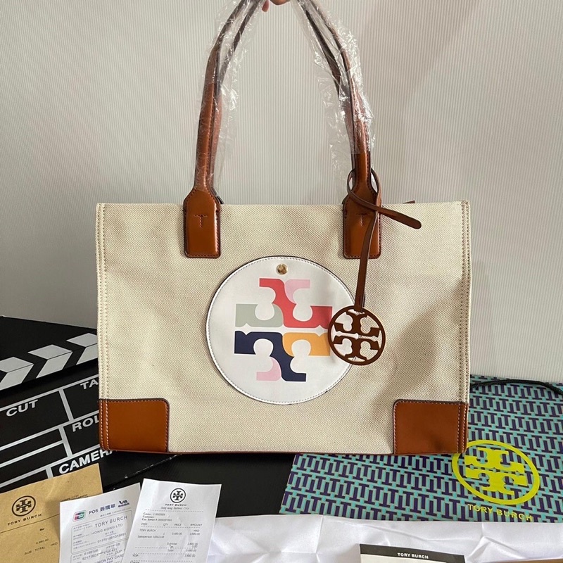 NWT Tory Burch Blake Canvas Small Tote NATURAL/CLASSIC CUOIO/BROWN