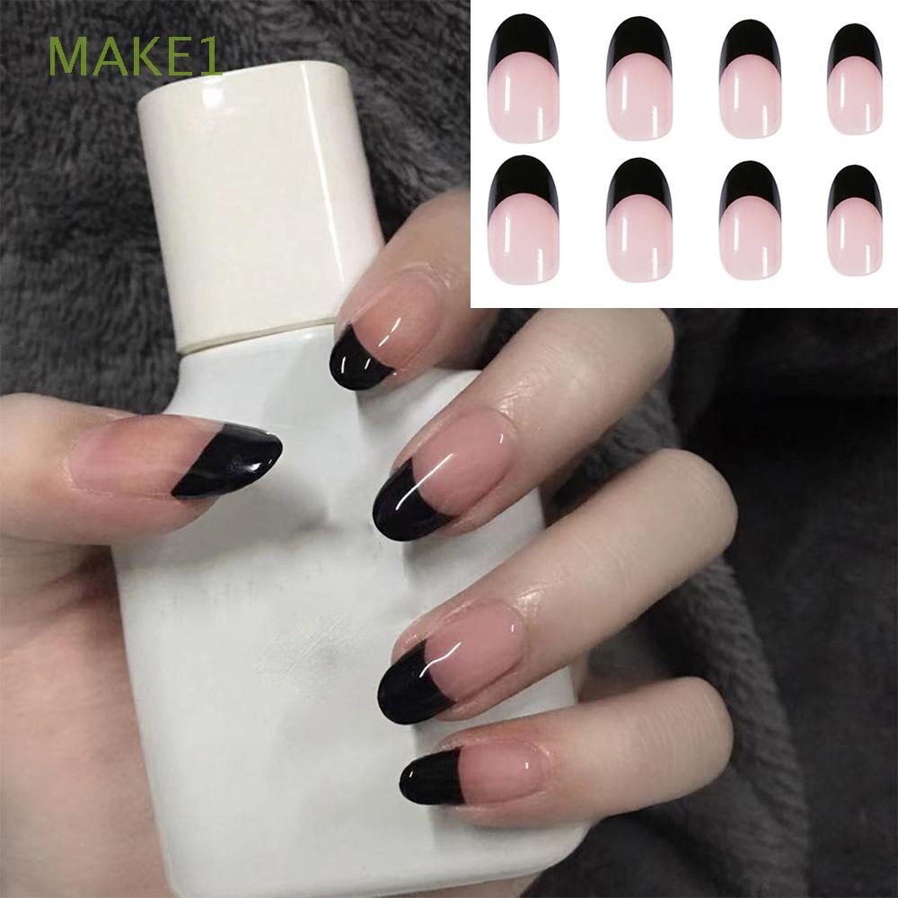 Make1 24pcs Box Women Fashion Wearable Artificial Fake Nails Black French Almond False Nails Detachable Manicure Tool Blush Color Full Cover Nail Tips Shopee Mexico