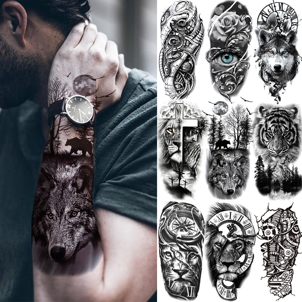 bosque negro tatuaje pegatina para hombres mujeres niños tigre lobo muerte  cráneo temporal tatuaje falso henna esqueleto rey animal tatoo | Shopee  México