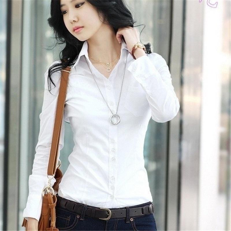 Camisa de mujeres de la moda Formal delgada recta de manga larga camisa Casual Polo blusa más el tamaño Shopee México