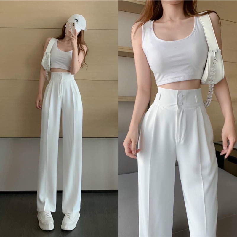 Pantalones De Traje Holgado Largo De Pierna Ancha Para Mujer , Cintura Alta  , Corte Recto , Estilo Coreano , Casual Suelto , Negro Blanco , Talla  Grande , Señoras , Fregado | Shopee México