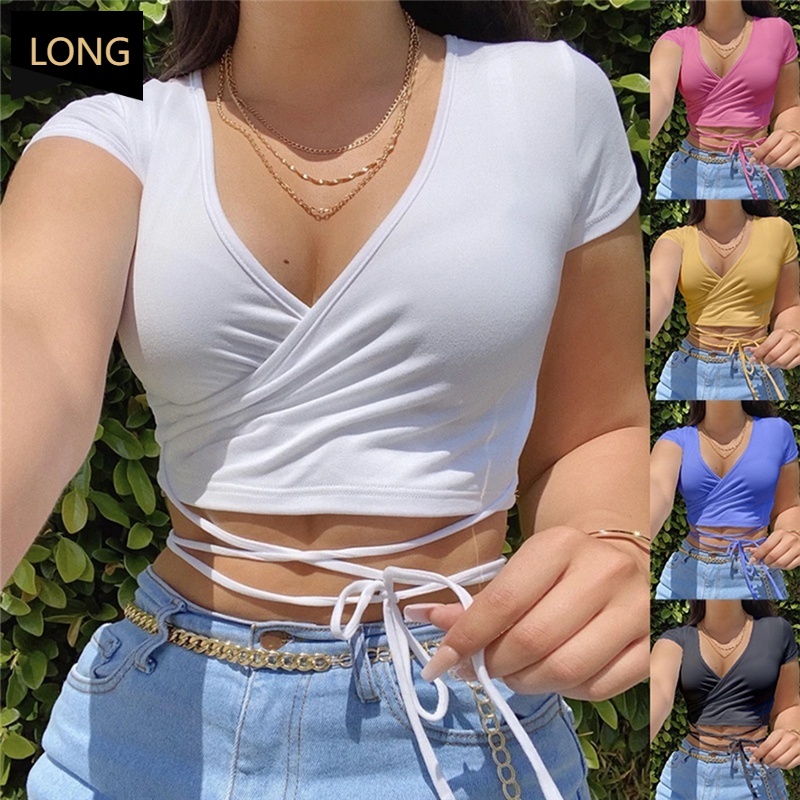 Desmantelar réplica Conquista Women Fashion Solid Color Sexy V-neck Crop Tops Slim Fit Summer Short  Sleeve Tank Top T Shirts | Shopee México