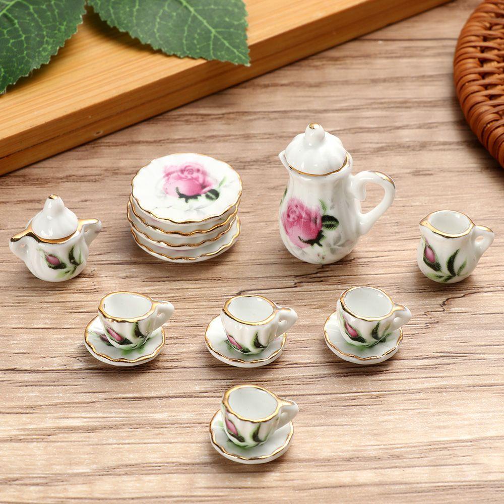 Liyeehao Juego de té en Miniatura Regalo de decoración para Amantes del Blue Geometric Figure clásico de 15 Piezas de casa de muñecas en Miniatura de Cocina 