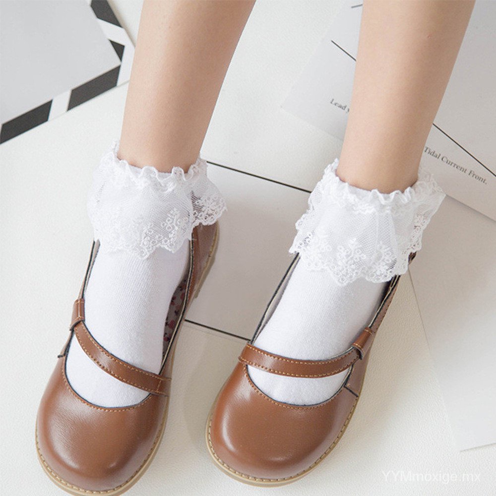 Lolita-Calcetines cortos de encaje para mujer y niña, medias tobilleras de algodón, estilo Kawaii, japonés, Harajuku, Retro, sólido, y EFBp Shopee México