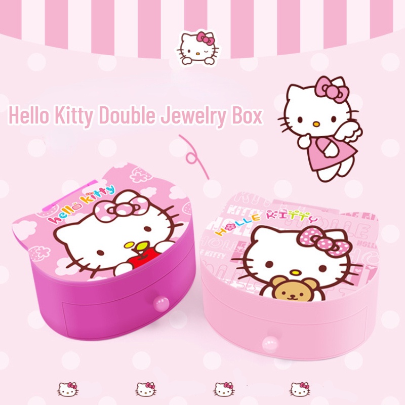 Chica Señora Lindo Hello Kitty Doble Joyero Organizador De Joyería Accesorios Para El Cabello Caja De Almacenamiento