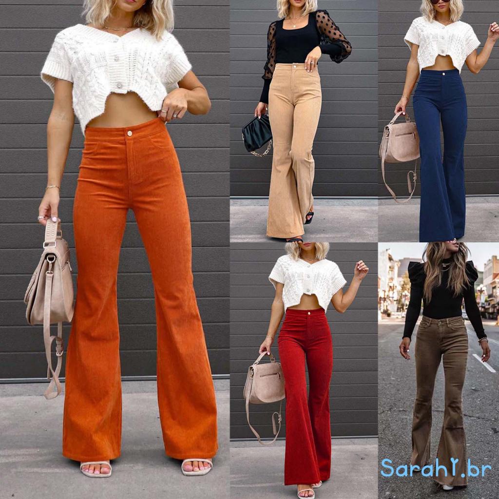 Sarah-Pantalones Acampanados De Pana Para Mujer Color Sólido Casual  Elástico Cintura Alta Bootcut Campana Inferiores Streetwear | Shopee México