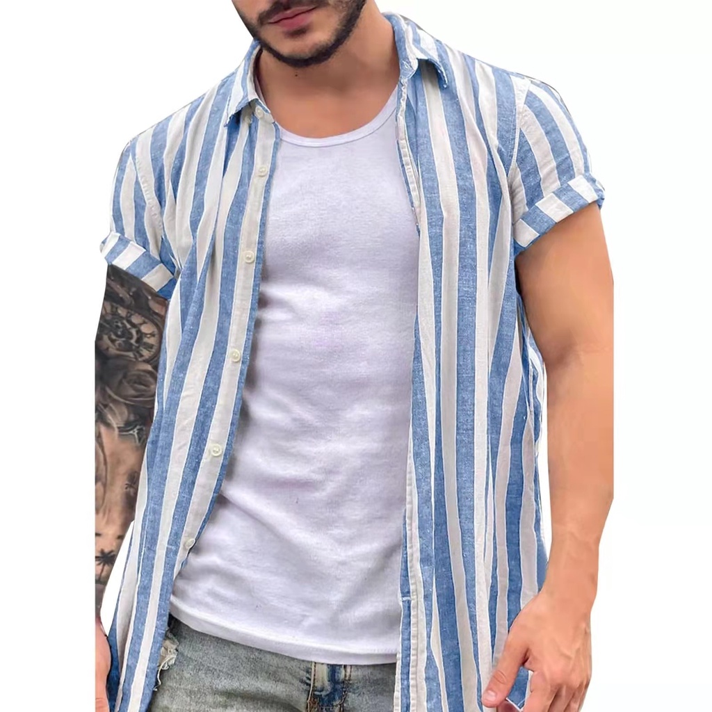 Nuevo Lino De Hawaiano Hombre Y # Camisas Cuello Rayas Camisa Suelta Manga Corta Hombres s Casual Botones De Playa | Shopee México