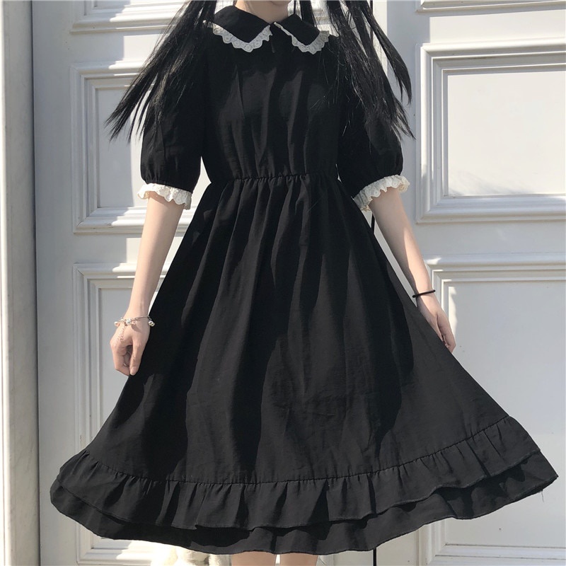 Vestido De Verano Estilo Universitario Japonés Dulce Peter Pan Collar Kawaii  Encaje Plisado Manga Corta Mori Girl Ropa Negra De Mujer | Shopee México