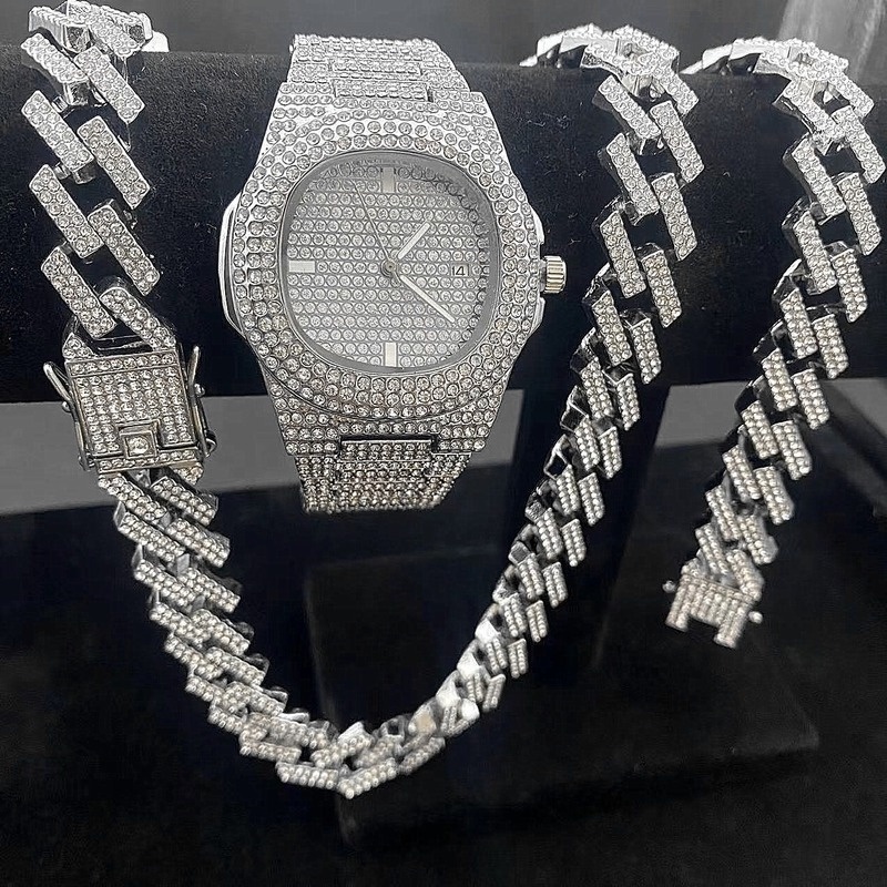 flexible Tendencia Escuchando 3PCS Relojes de hombre Hiphop Conjuntos Reloj + pulsera collar de diamantes  Cadena cubana de Miami Joyas para hombres | Shopee México