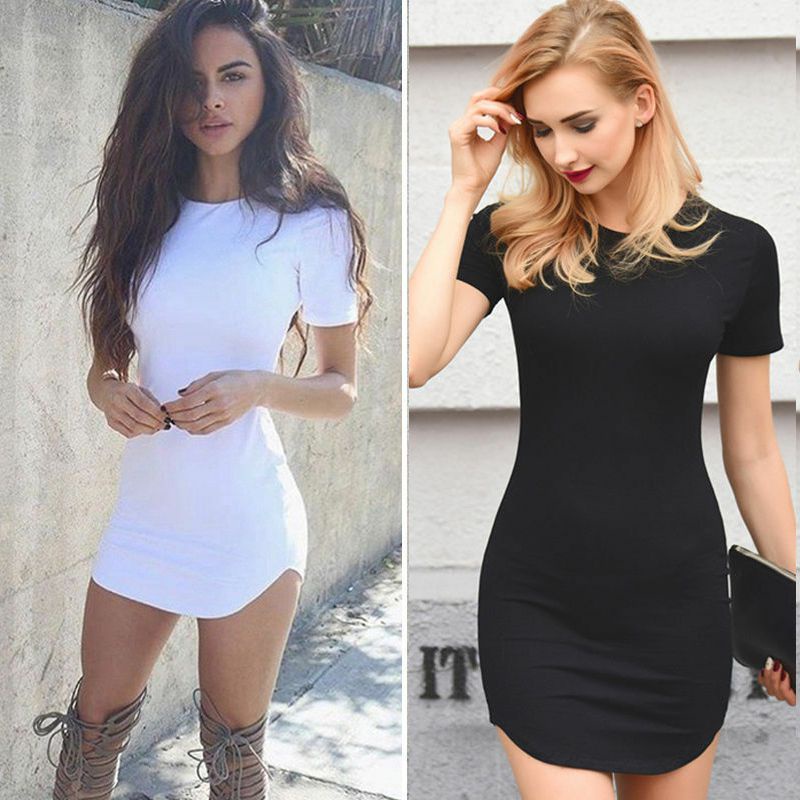 las mujeres negro y blanco de la calle de la moda slim casual de manga  corta de noche fiesta vestido corto club mini bodycon vestido | Shopee  México