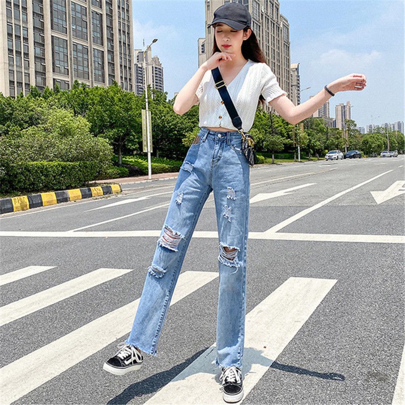 Ripped jeans mujeres verano nuevo cintura alta recta pantalones coreanos sueltos cortina pierna pantalones | México