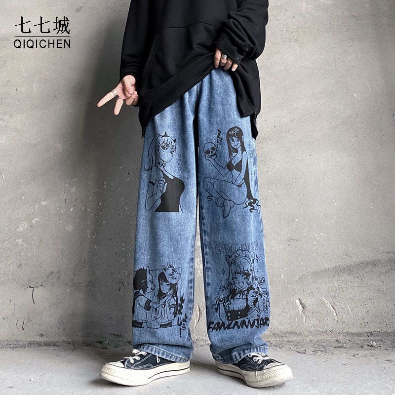 Anime Chica Impreso Jean Pantalón Hombres Dibujos Japoneses Hip Hop Harem  Pantalones Harajuku Streetwear Sueltos Pierna Ancha Casual Denim | Shopee  México