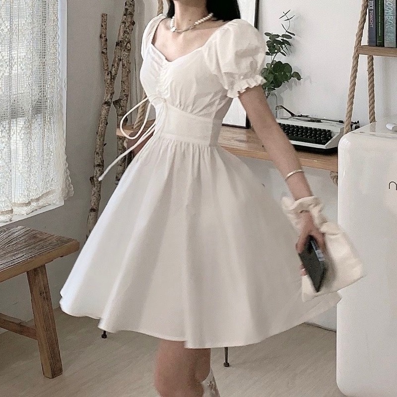 Dulce Blanco Puff Manga Vestido Mujeres Mori Vintage Wrap Body Estilo Preppy Uniforme Escolar 2022 | Shopee México