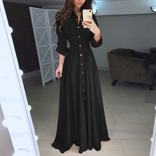 Mujer señora Casual moda manga larga solapa Maxi vestido largo sólido  camisa vestido | Shopee México