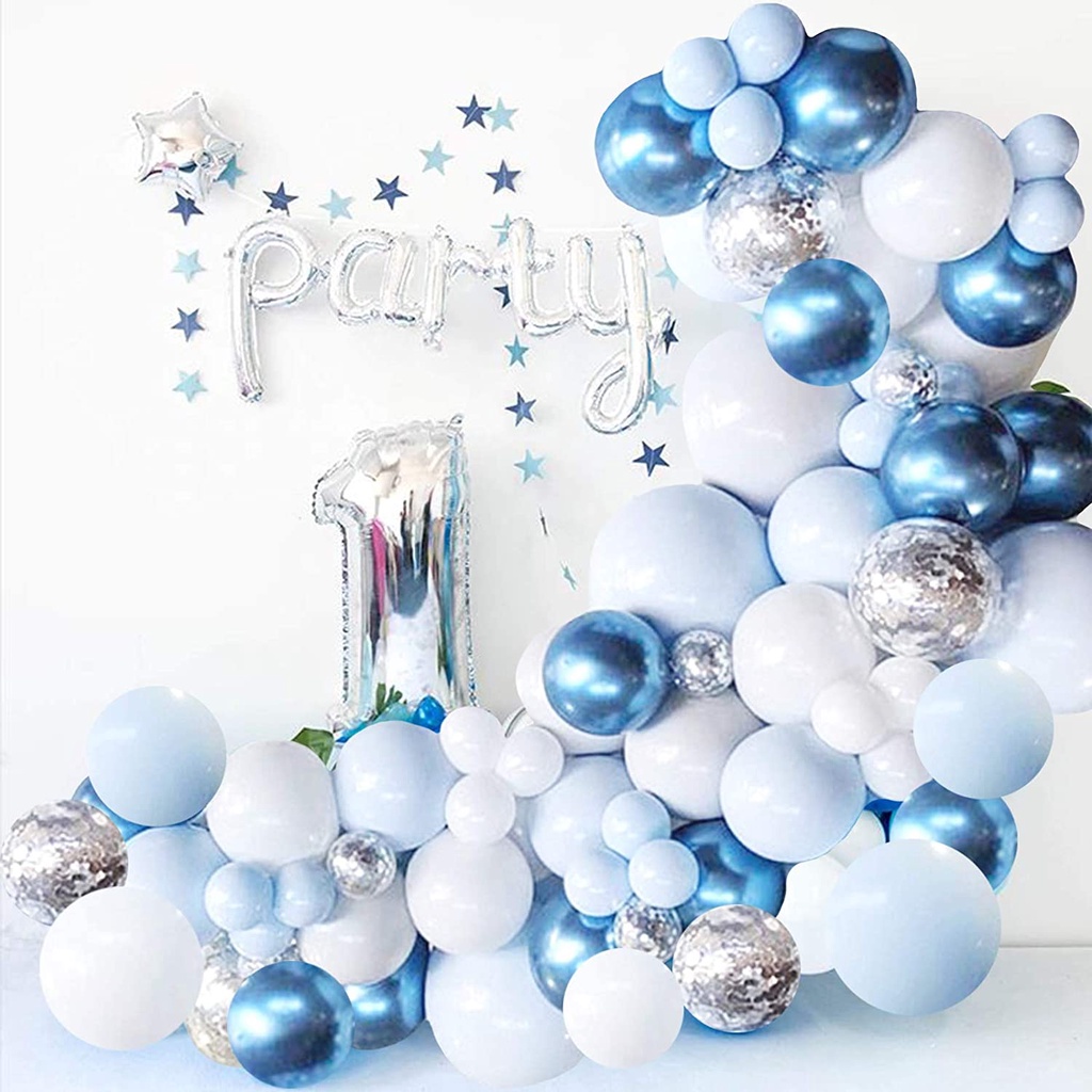 Globos De Confeti Dorados y Azules Para Fiestas Cumpleaños Bebe 1 Año Niño Set 