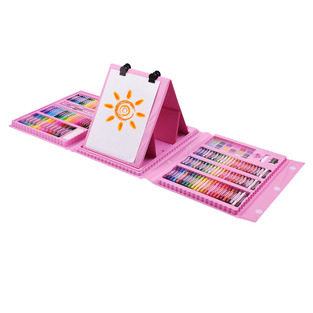 Set de manualidades de 176 piezas para niños con ceras pastel al óleo,crayones de cera acuarelas lápices de colores rotuladores de colores caballete para pintura rosa 