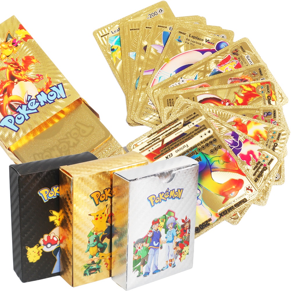 55 Piezas Cartas Españolas/Inglesas Pokemon Metal Caja De Doradas De Juego Metalicas Charizard Vmax Gx Juguete