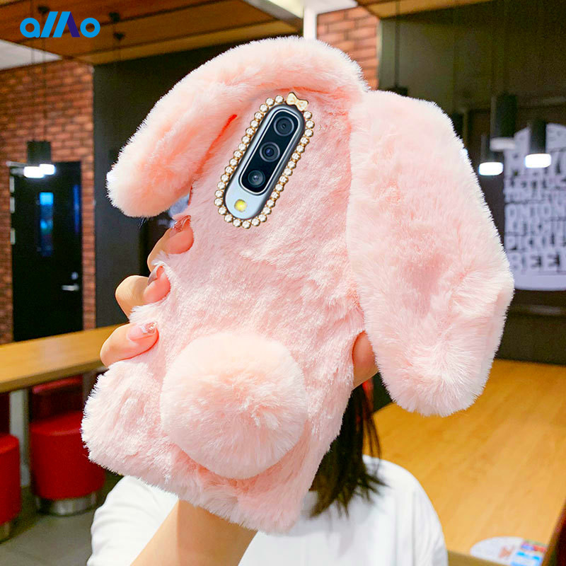 Rhinestone Fluffy Rabbit Fur Case for Samsung Galaxy A32 5G Girlyard Cute Bling Diamond Handmade Furry Warm Fashion Faux Bunny Hair Plush Soft Phone Cover for Women Girls Black NOT Fit A32 4G 