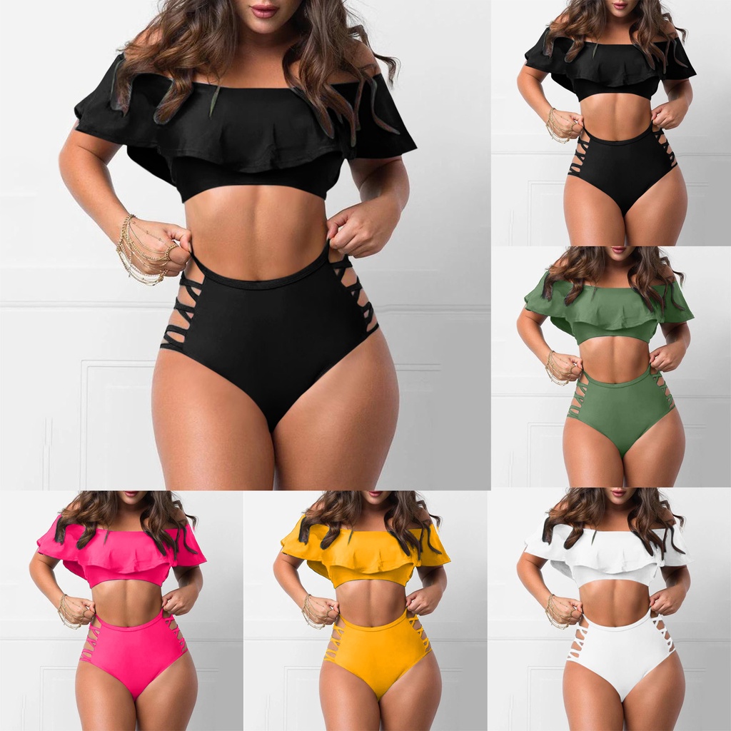 GRJT Traje De Baño Con Volantes Para Mujer Sin Hombros Sexy Color Sólido Split Trajes beach wear Bikini | Shopee México