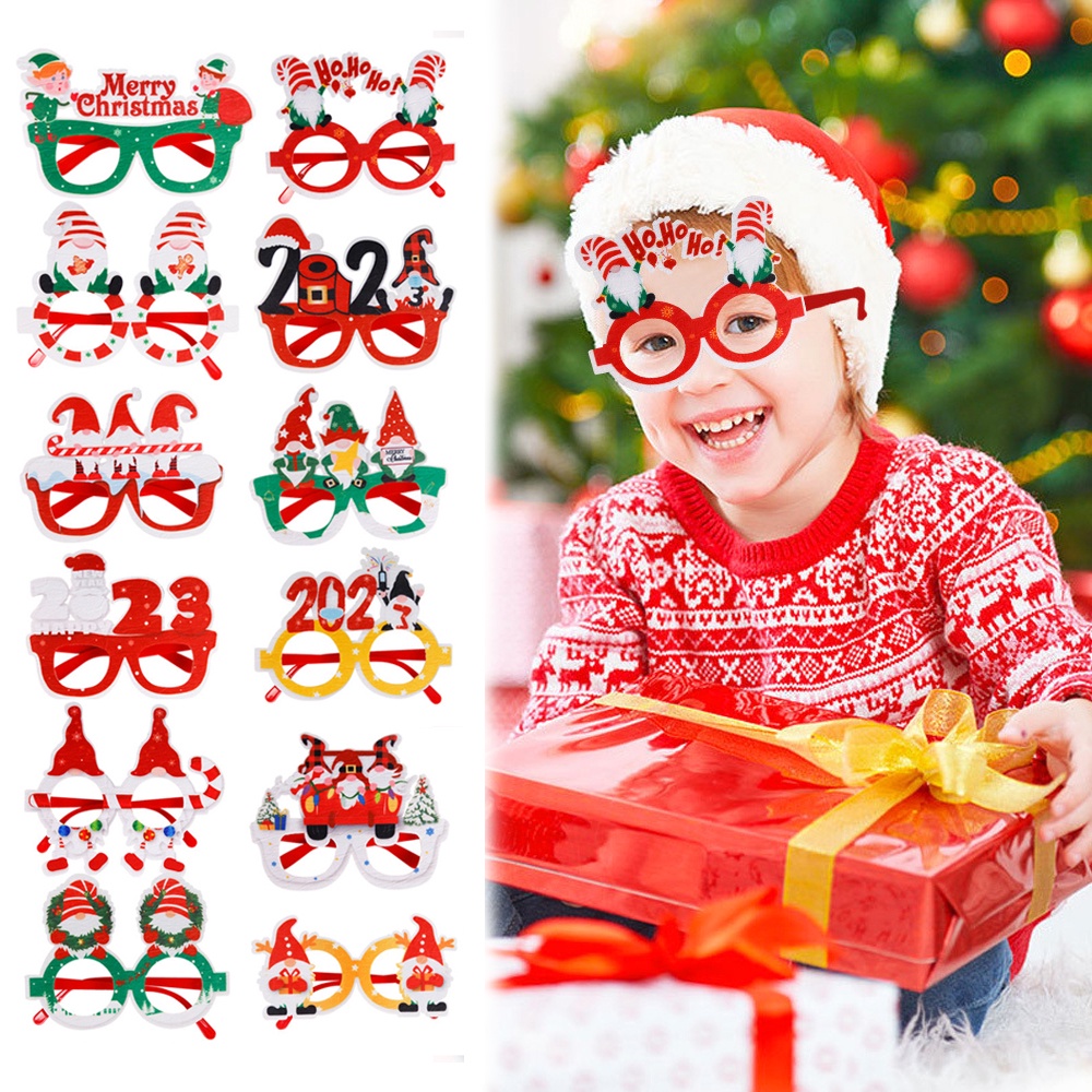 Dowoa Gafas de Navidad 4 Piezas/Juego Marco de Gafas de árbol de Navidad Marco de Disfraz de Dibujos Animados Decoración Sin Lentes para Fiesta de Navidad para Adultos y niños 