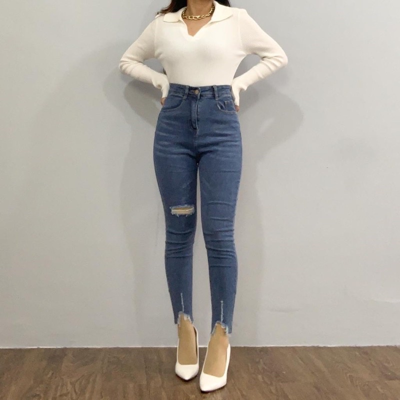 Jeans ajustados de cintura alta para rotos para mujer importados | Shopee México