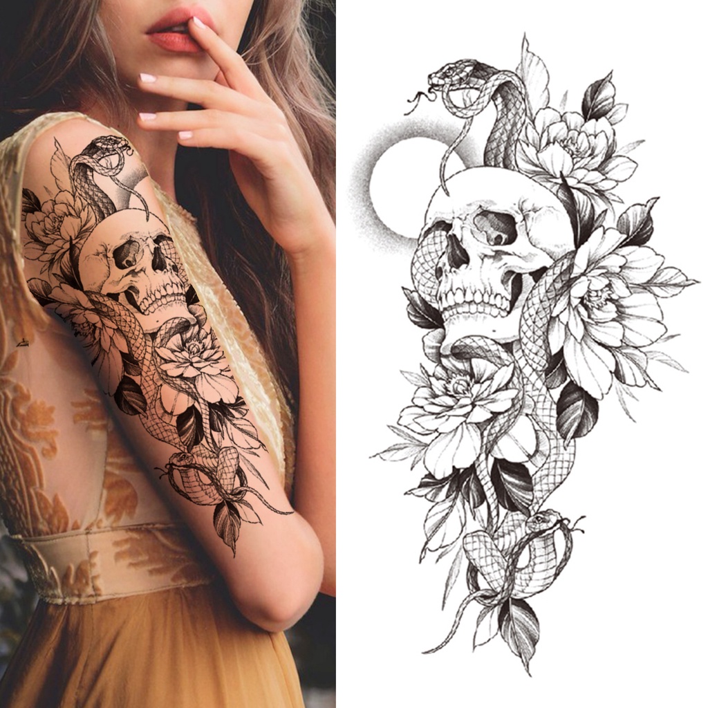 Muerte Cráneo Flor Temporal Tatuaje Para Mujeres Niñas Serpiente Pájaro  Peonía Pegatina Negro Falso Tatoo Transferencia Adulto | Shopee México