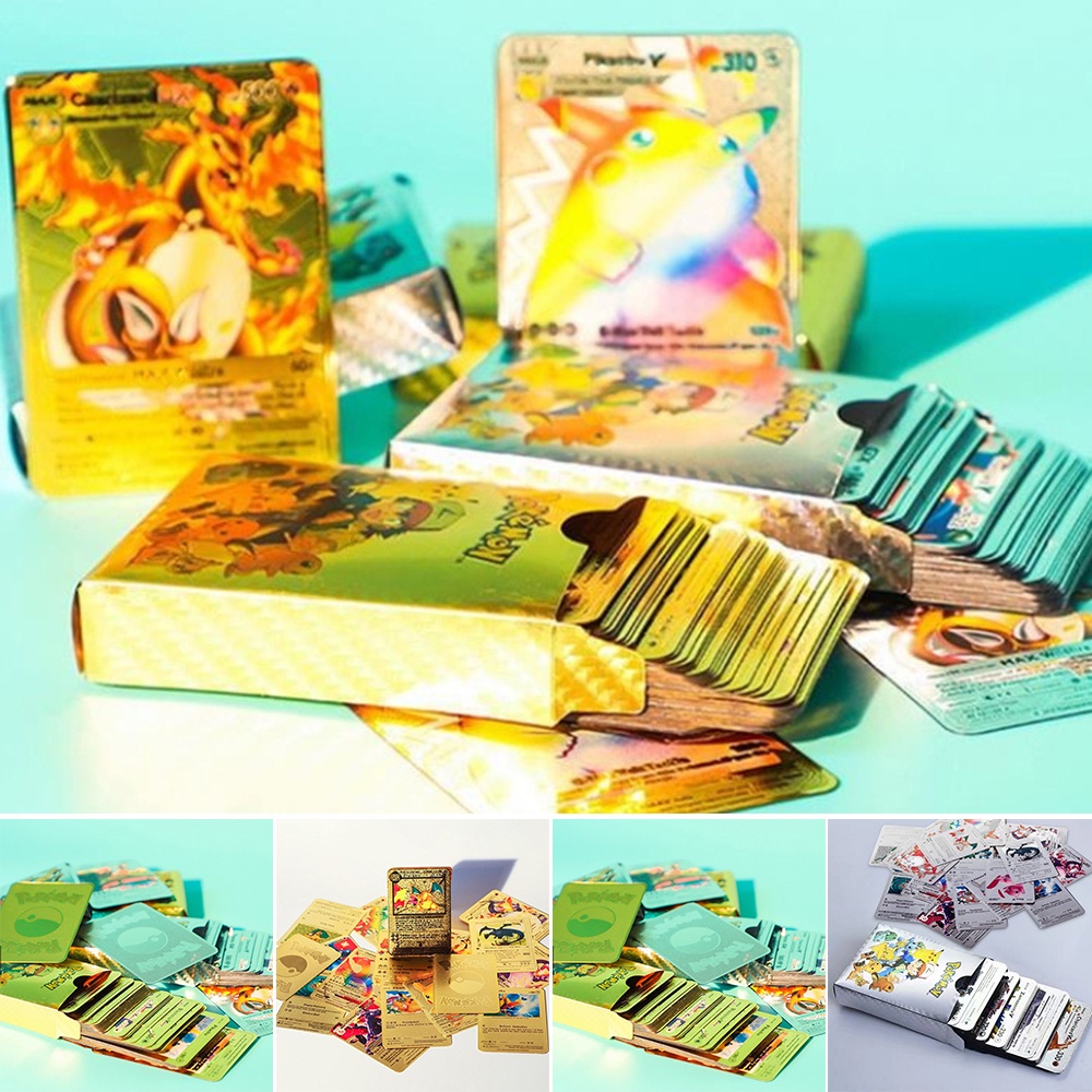 24 Horas Entrega 55 Piezas Españolas Pokemon Tarjetas Chapado En Oro Caja De Tarjeta De Juego Vmax Gx V Colección De Juguetes GVXZ