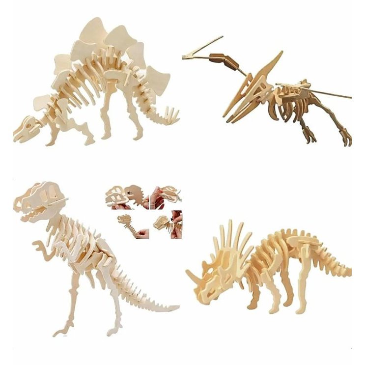 Conjunto de 4 Rompecabezas de Madera de construcción dinosaurios 3D independiente T Rex Stegosaurus 