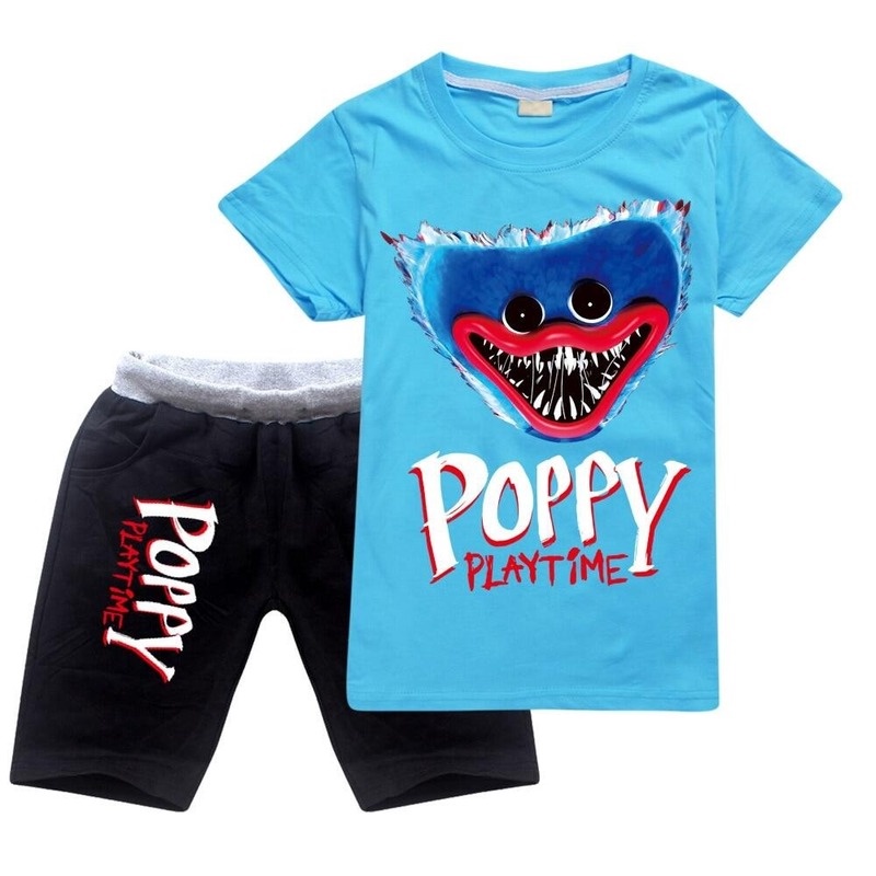Camiseta de algodón y pantalones cortos de dos piezas para niños Poppy Playtime Huggy Wuggy traje de deporte casual de 3 a 15 años 