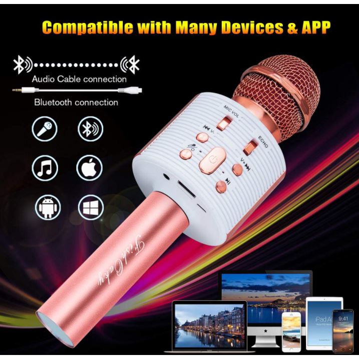 Teaisiy Microfono Inalámbrico Portátil con Altavoz y Luces LED para Niños para Hogar KTV Compatible con Android/iOS/Ipad/PC Canta Partido Oro Rosa Musica Micrófono Karaoke Bluetooth 