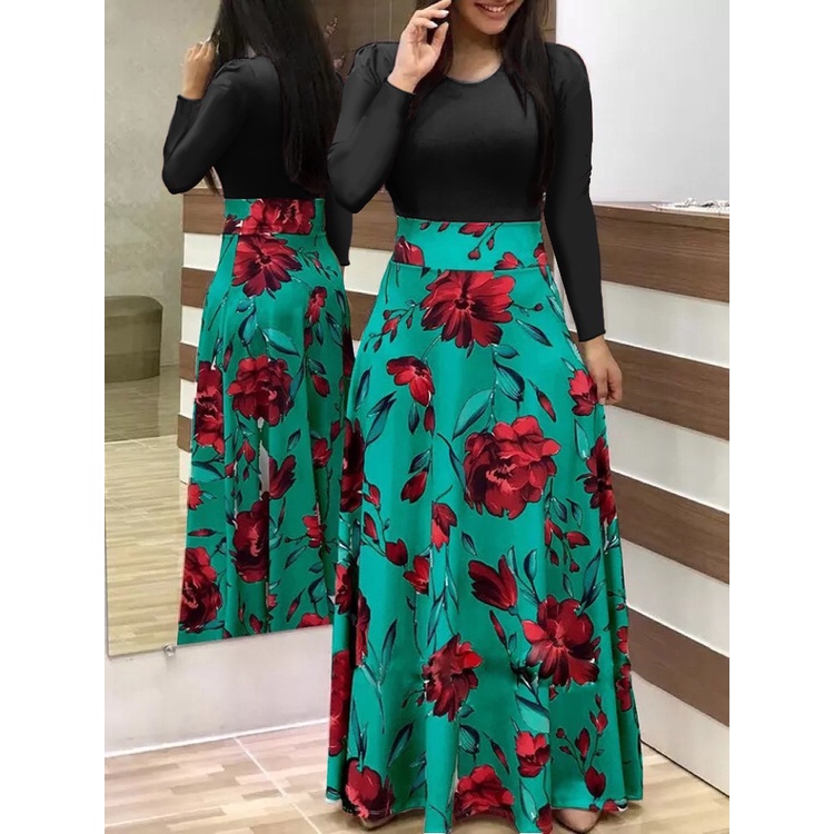 Vestidos elegante Impresión de cuello redondo de manga larga vestidos  casuales de verano vestidos largos | Shopee México