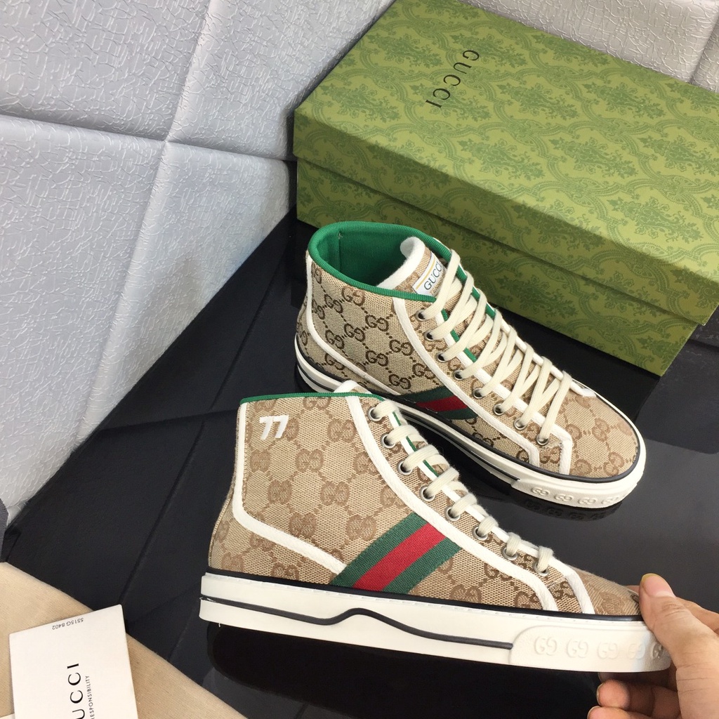 GUCCI 2022 Nuevo Clásico 1977 Zapatos Lona De Doble G De Alta Parte Superior Último Artesanía Retro Moda Casual Hombres Y Mujeres Con El Mismo Dedo Zapato De Encaje Plano