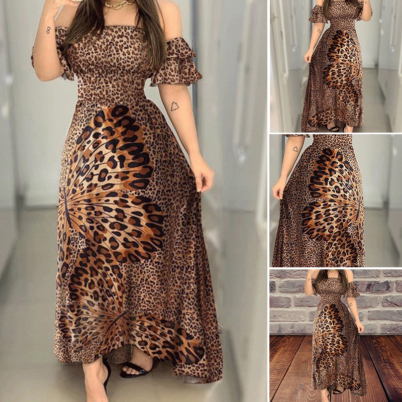 mariposa impreso vestido de leopardo impresión de cintura alta volantes mangas vestido largo mujeres | México
