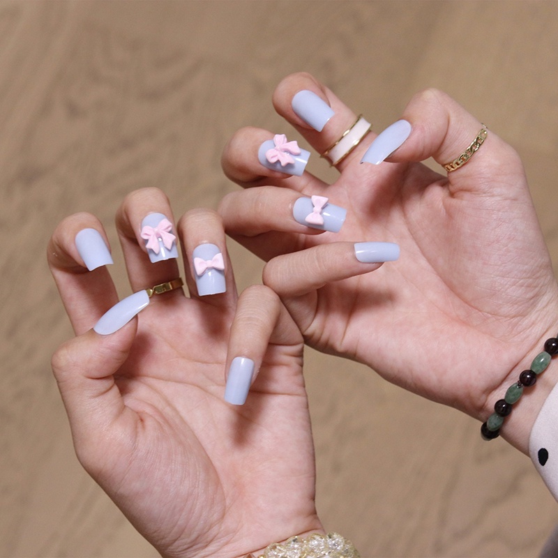 Fake Nails Medium And Long Light Blue Butterfly Wearing Nail Stickers Finished Nail Stickers 24 Nail Stickers With Glue Shopee Mexico