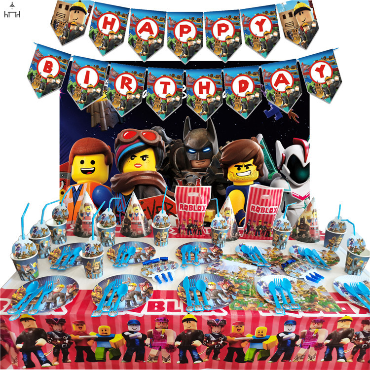Mantel Decoración de Cumpleaños Para Niños PiliStar Roblox Decoración de Cumpleaños,95 Piezas Vajilla Fiesta Roblox,Incluye Pancarta Roblox Banderín Plato 